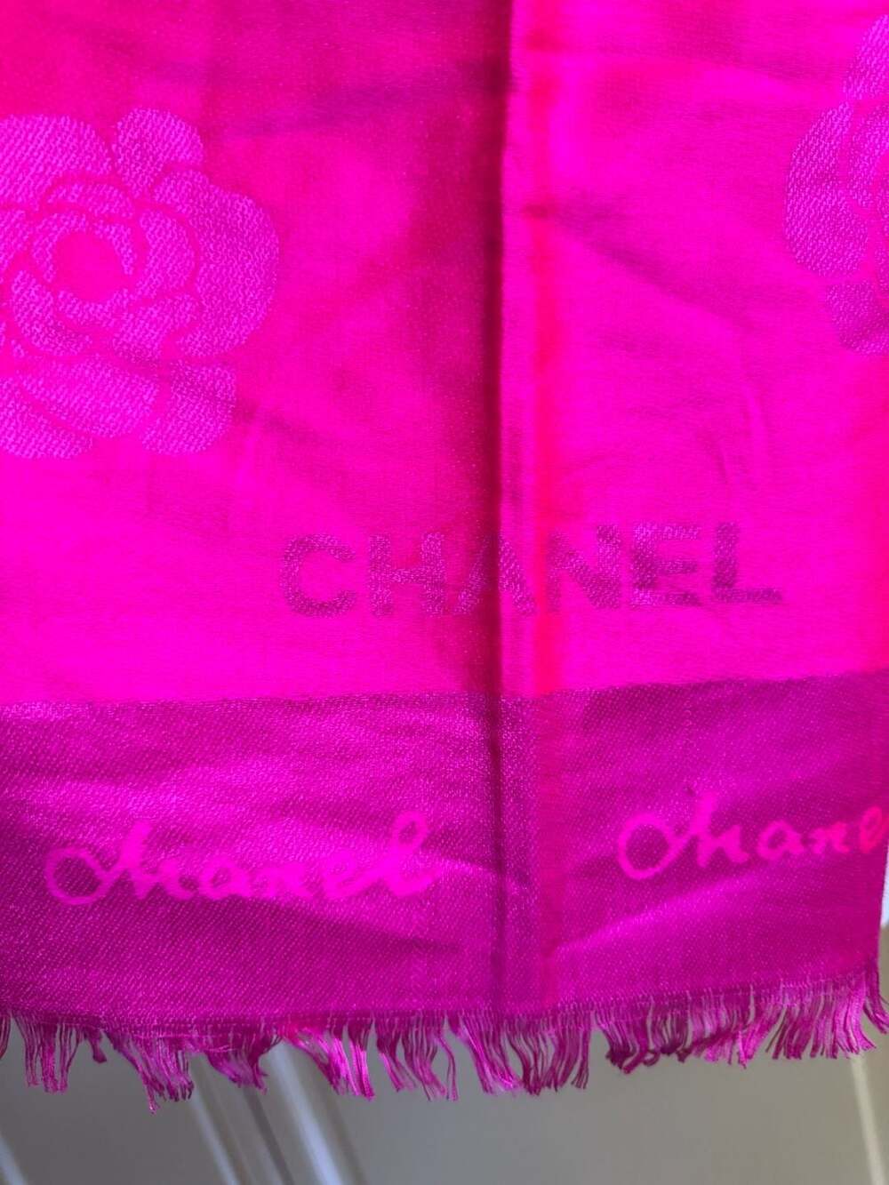Chanel Fuchsia Pink Fringed Logo Jacquard Shawl Scarf with Camellia Flower Motif